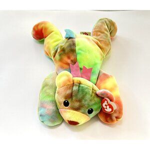 Teddy Bear Pastel Tie Dye 1998 Sherbet 14" Vintage TY Pillow Pals Pink Ribbon